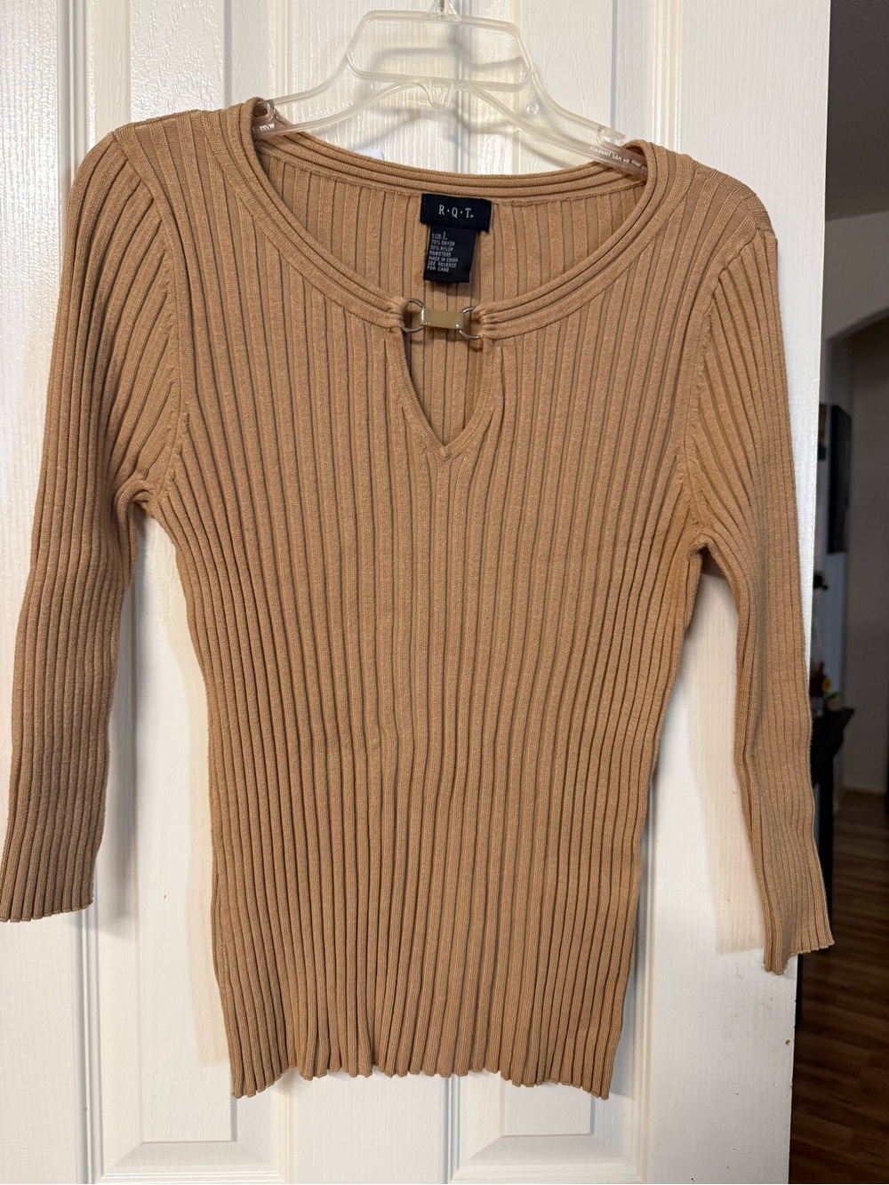 R·O·T Ribbed Camel Scoop-Neck Sweater with Keyhole Accent